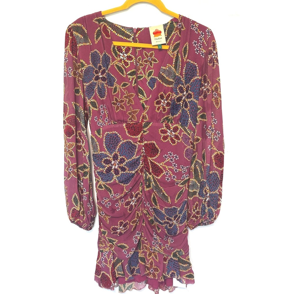 Farm Rio Magenta Floral Ruched Mini Dress Long Sleeve V-Neck Size S 284581